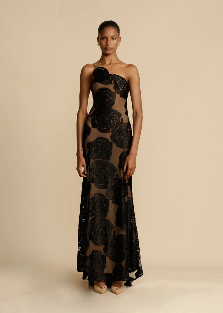 Women's Floral Maxi Dress – Satin Drape, Asymmetric Sling Shoulder