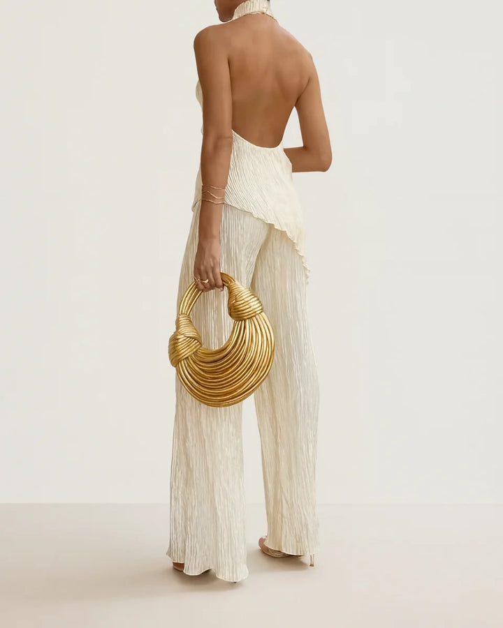 Women's Asymmetrical Off Shoulder Set – Pleated Elastic Waist Trousers