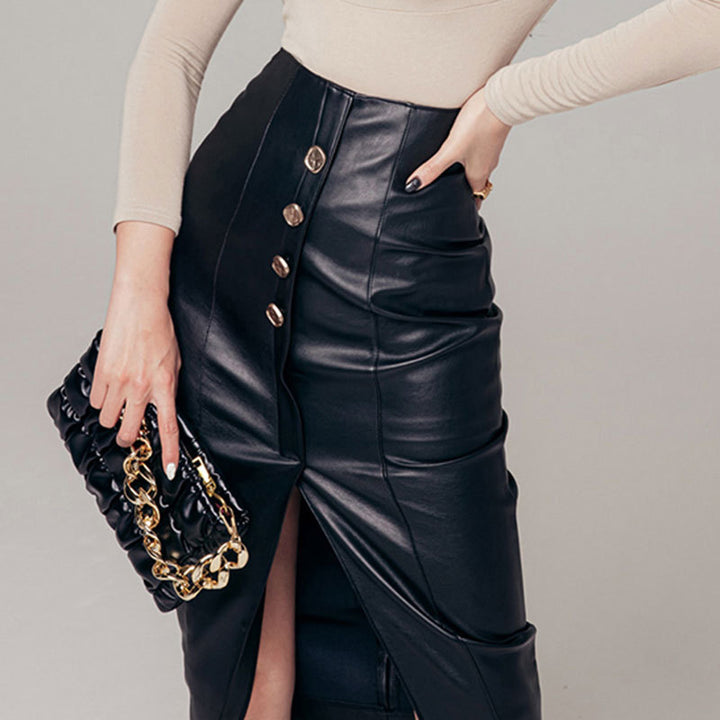 Women's Vegan Leather Over-the-Knee Skirt – Button Front Slit Detail