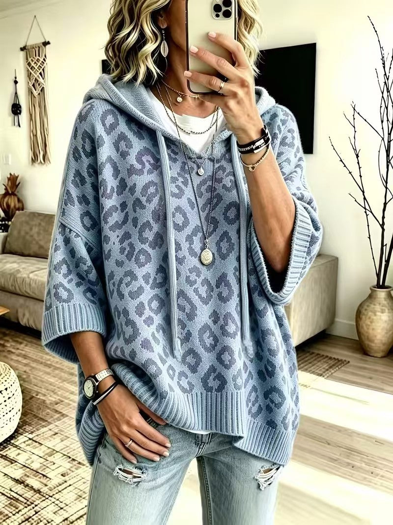 Women's Knit Leopard Print Pullover Sweater – Hooded Loose Fit