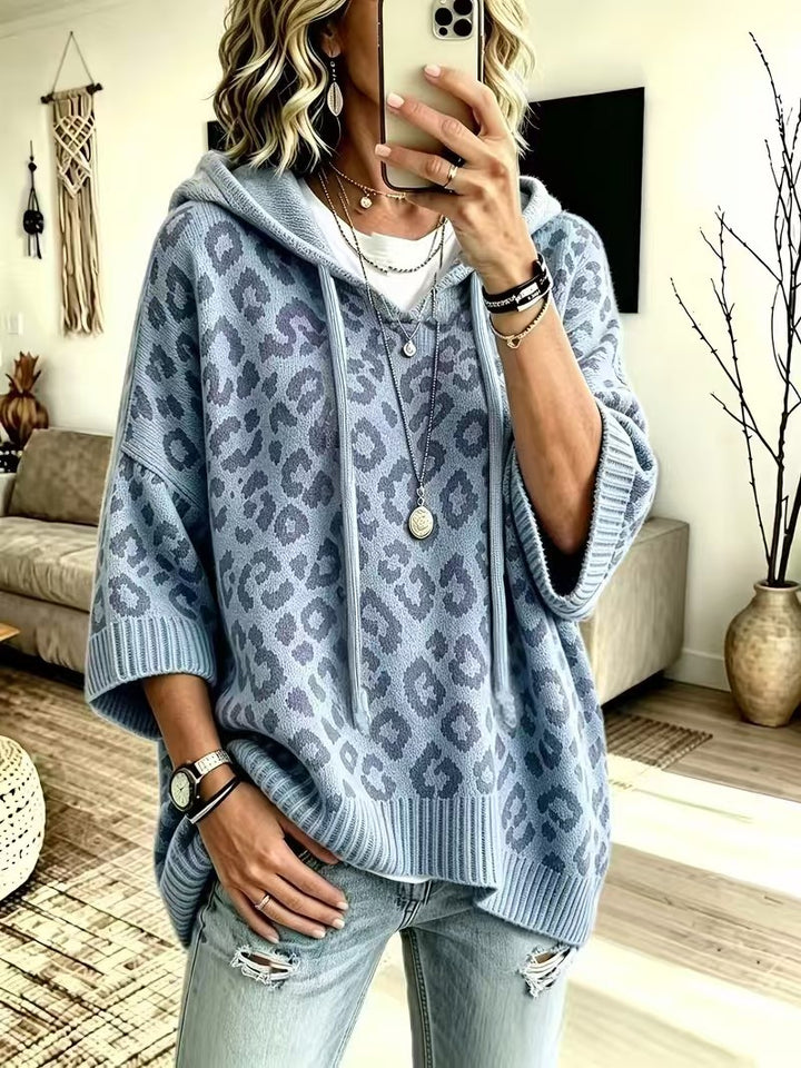 Women's Knit Leopard Print Pullover Sweater – Hooded Loose Fit