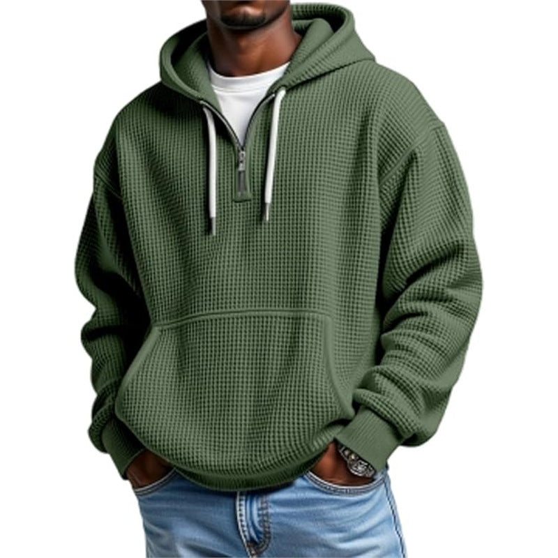 Men's Waffle Knit Hoodie – Double Hood 3D Print Relaxed Cardigan