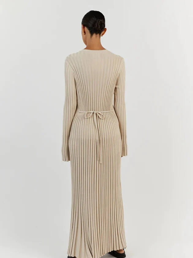 Ribbed Knit Maxi Dress for Women – A-Line, High Waist, Long Sleeve
