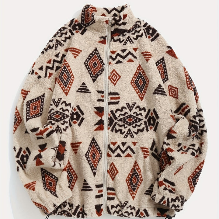 Women's Polar Fleece Coat – Geometric Print Plush Collar