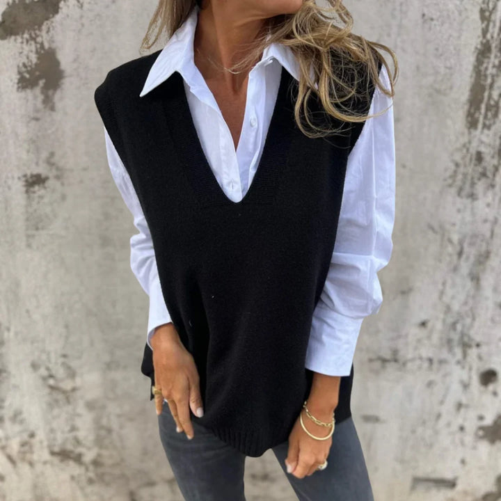 Women's V-Neck Knitted Sweater Vest – Relaxed Pullover Layer