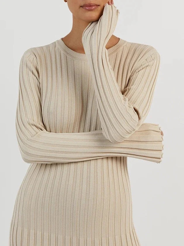 Ribbed Knit Maxi Dress for Women – A-Line, High Waist, Long Sleeve