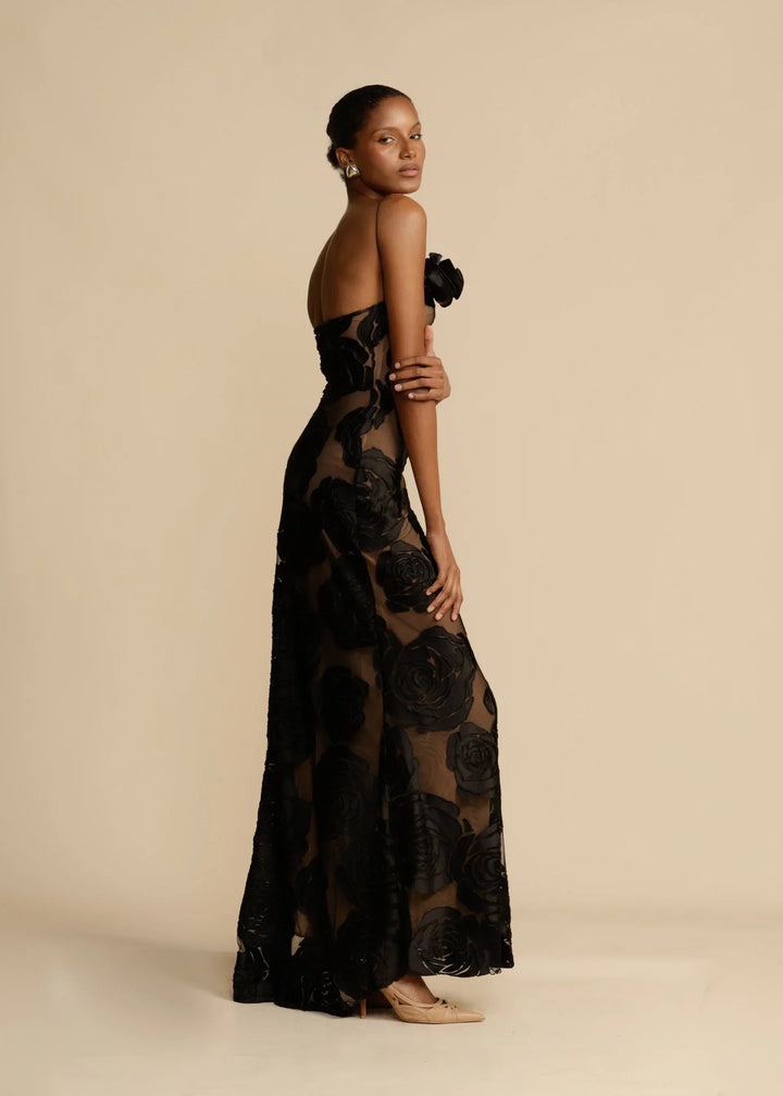 Women's Floral Maxi Dress – Satin Drape, Asymmetric Sling Shoulder