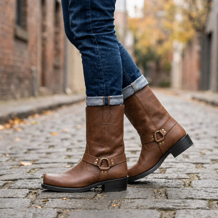 Men's Leather Short Boot – Retro Cowboy, Embossed Harness