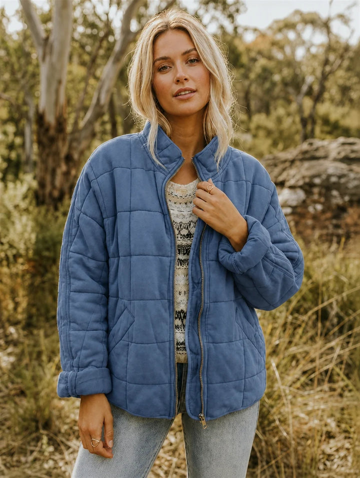 Women's Quilted Nylon Jacket – Stand Collar Zip-Up with Pockets