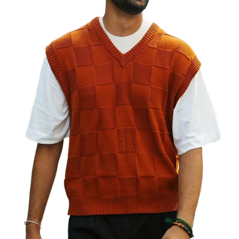 Men's Plaid Knit Pullover Vest – Soft Acrylic Streetwear Layer