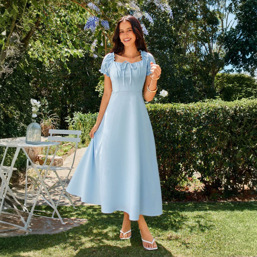 Women's Square-Neck Midi Dress – Lace-Up Waist and A-Line Silhouette