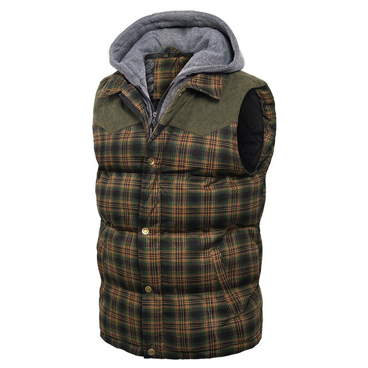 Men's Plaid Hooded Vest – Thick Padded Sleeveless Outerwear