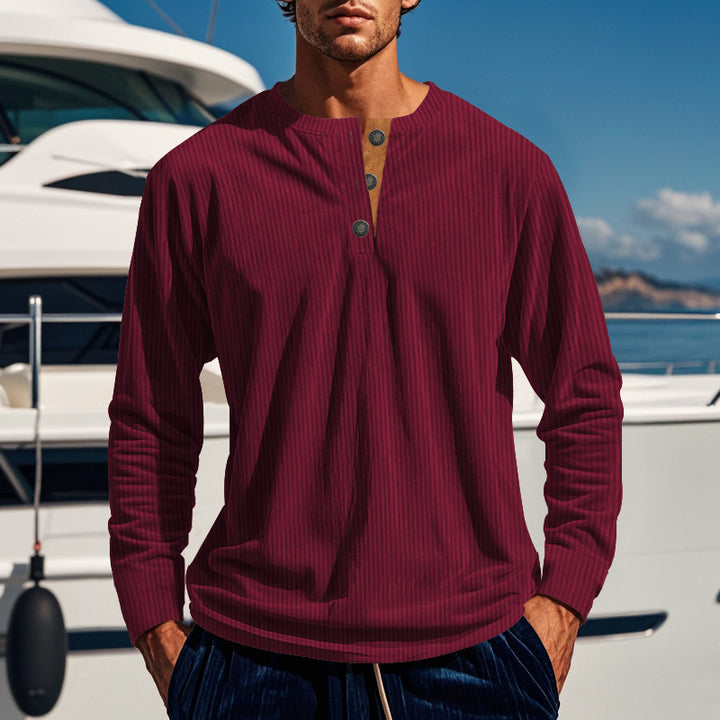 Men's Slim-Fit Corduroy Pullover Shirt – Four-Button Long Sleeve