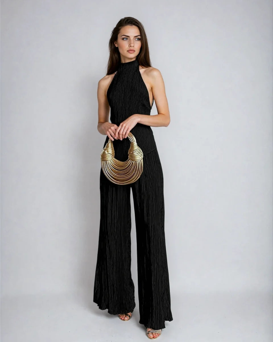 Women's Asymmetrical Off Shoulder Set – Pleated Elastic Waist Trousers