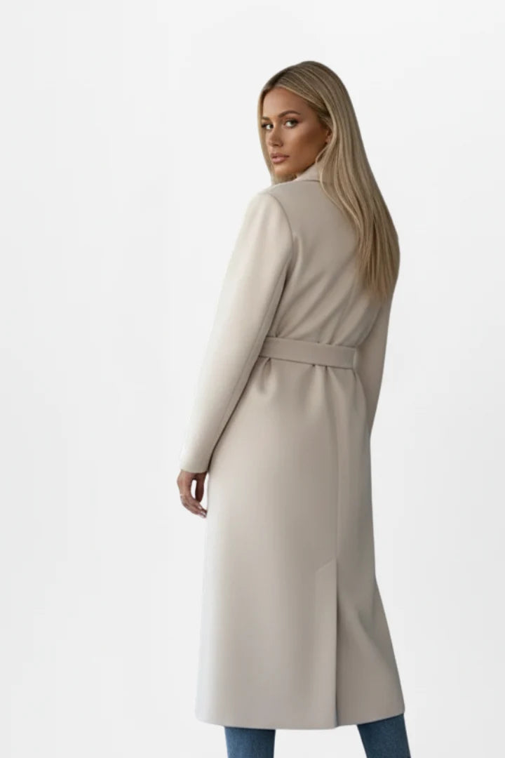 Women's Long Wool Coat – Double Breasted Belted Split Hem Overcoat