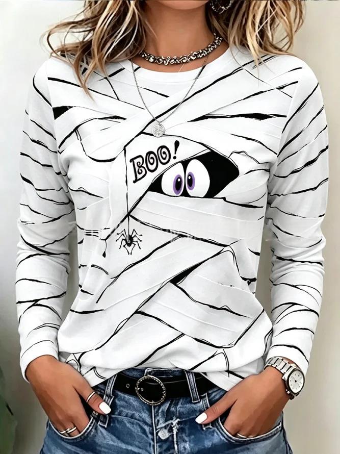 Women's Printed Crew Neck Long Sleeve Top – 3D Visual Texture