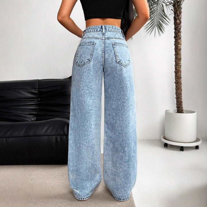 Women's High Waist Straight Leg Jeans – Distressed Hole Detail
