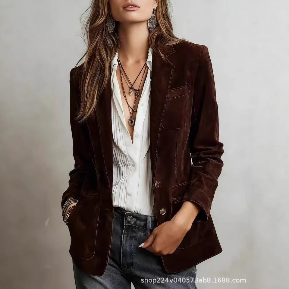 Women's Suede Jacket – Retro Single-Breasted, Loose Fit