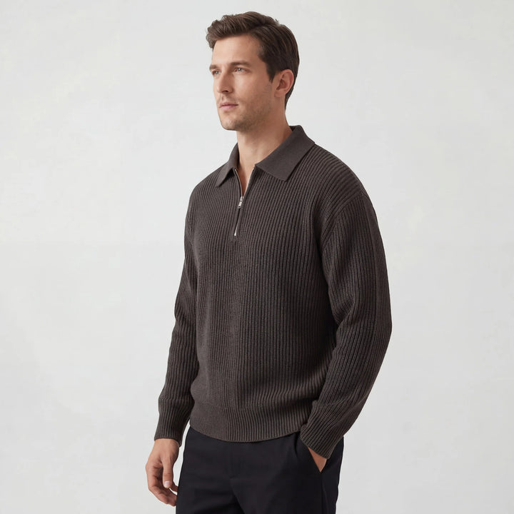 Men's Knit Zip Sweater – Textured Cotton, Relaxed Fit, Modern Collar