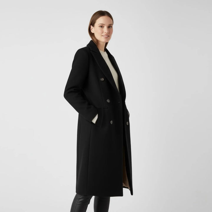 Women's Wool Blend Double-Breasted Coat with Notched Collar