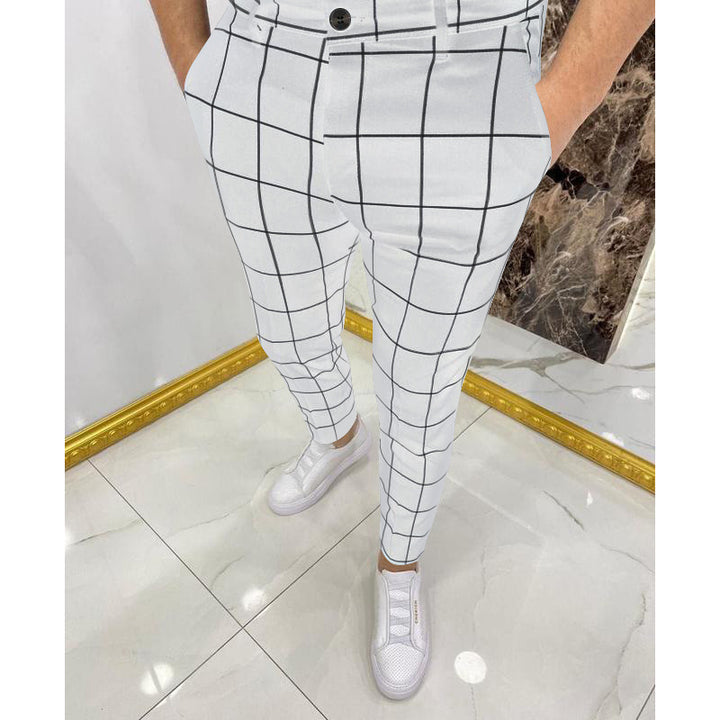 Men's Plaid Cotton Trousers – Slim Mid-Rise Cut with Stretch