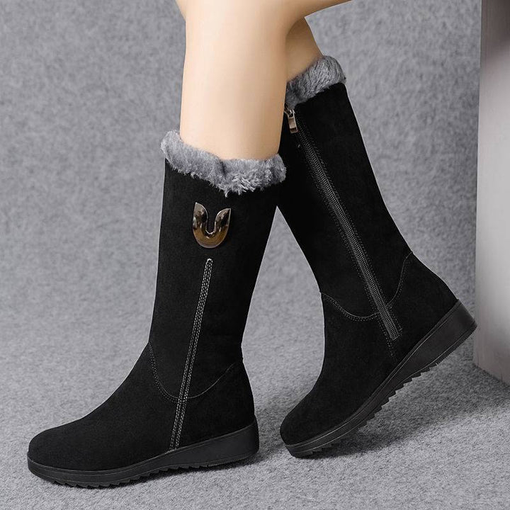 Vegan Leather Mid-Tube Boots for Women – Plush Lined & Non-Slip