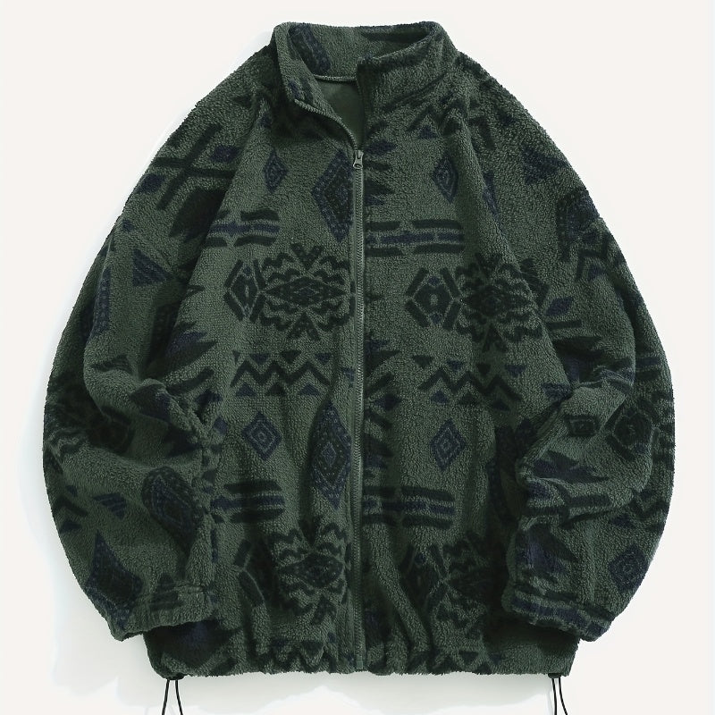 Women's Polar Fleece Coat – Geometric Print Plush Collar
