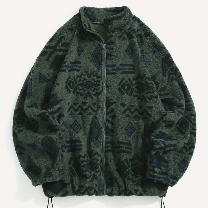 Women's Polar Fleece Coat – Geometric Print Plush Collar