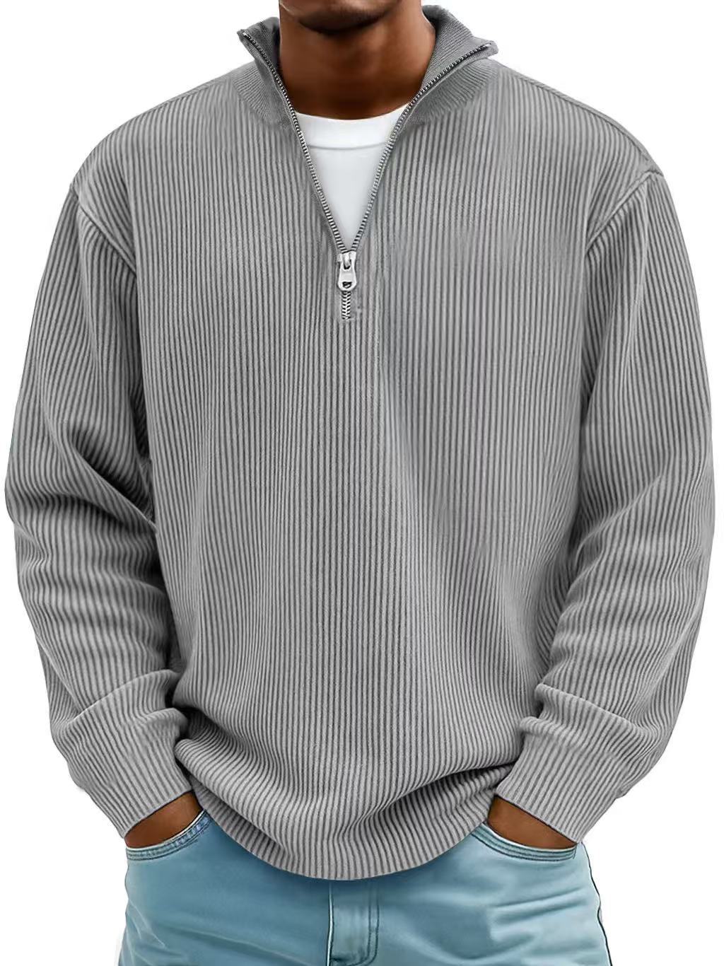 Men's Corduroy Stand Collar Sweatshirt – Zip Front, Solid Finish