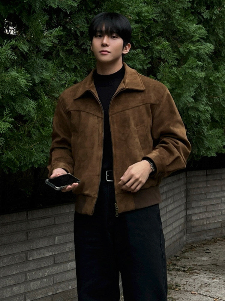 Men's Suede Look Collared Jacket – Lapel Style Outerwear