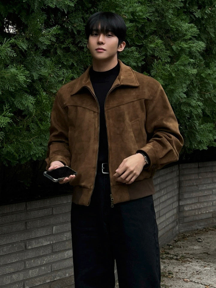 Men's Suede Look Collared Jacket – Lapel Style Outerwear