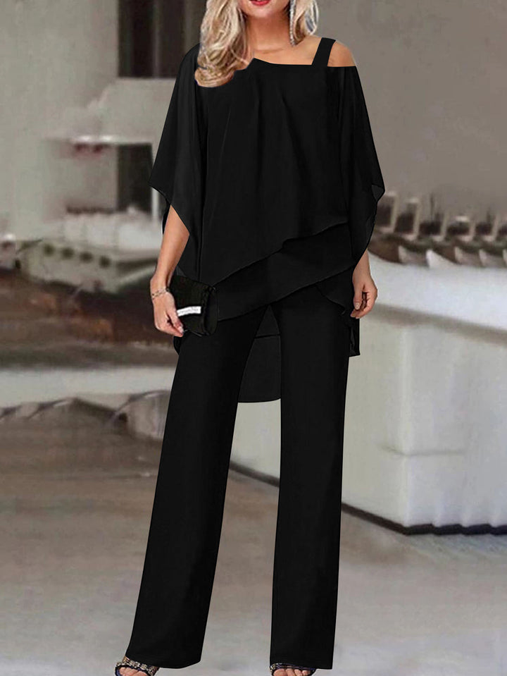 Two Piece Set in Soft Knit – Cold Shoulder Ruffle Top & Wide Leg Pants