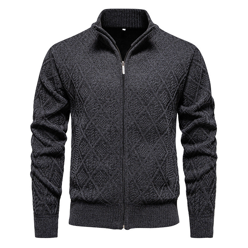 Men's Thick Fleece-Lined Cardigan – Knit Stand Collar Zip Sweater