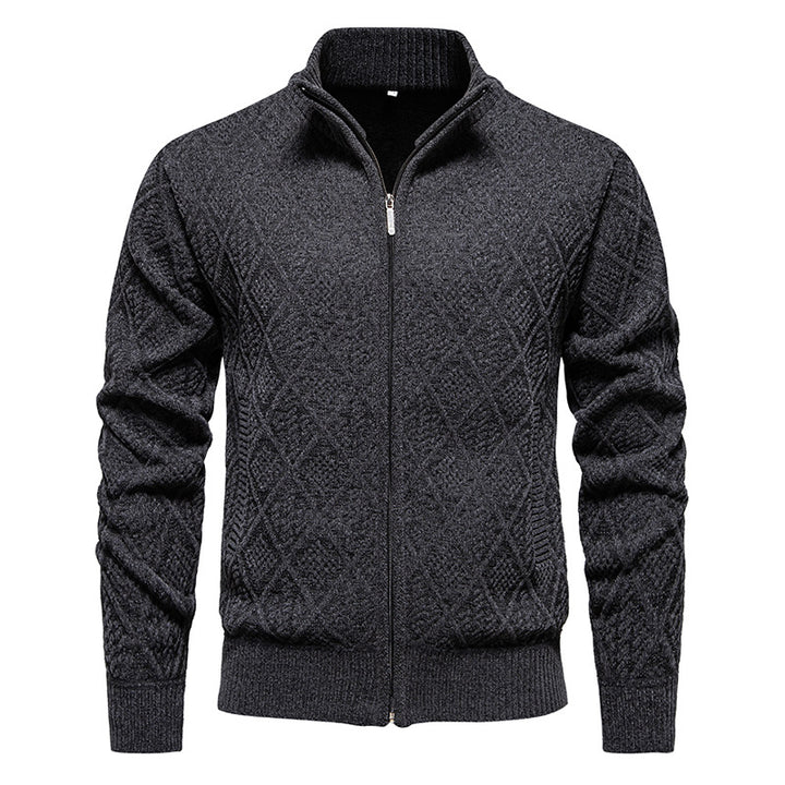 Men's Thick Fleece-Lined Cardigan – Knit Stand Collar Zip Sweater
