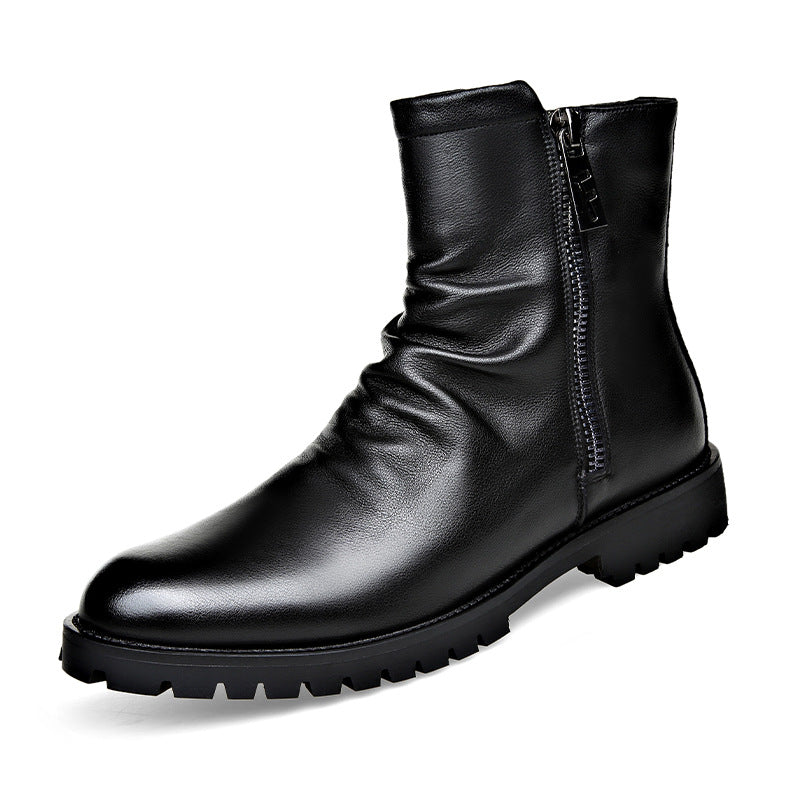 Men's Leather Boot – Side Zip Low Heel Winter Style