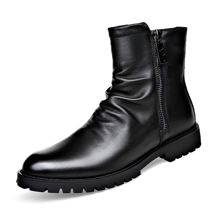 Men's Leather Boot – Side Zip Low Heel Winter Style