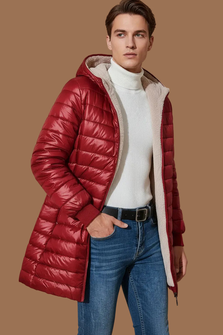 Men's Hooded Quilted Jacket – Mid-Length Fleece Lining