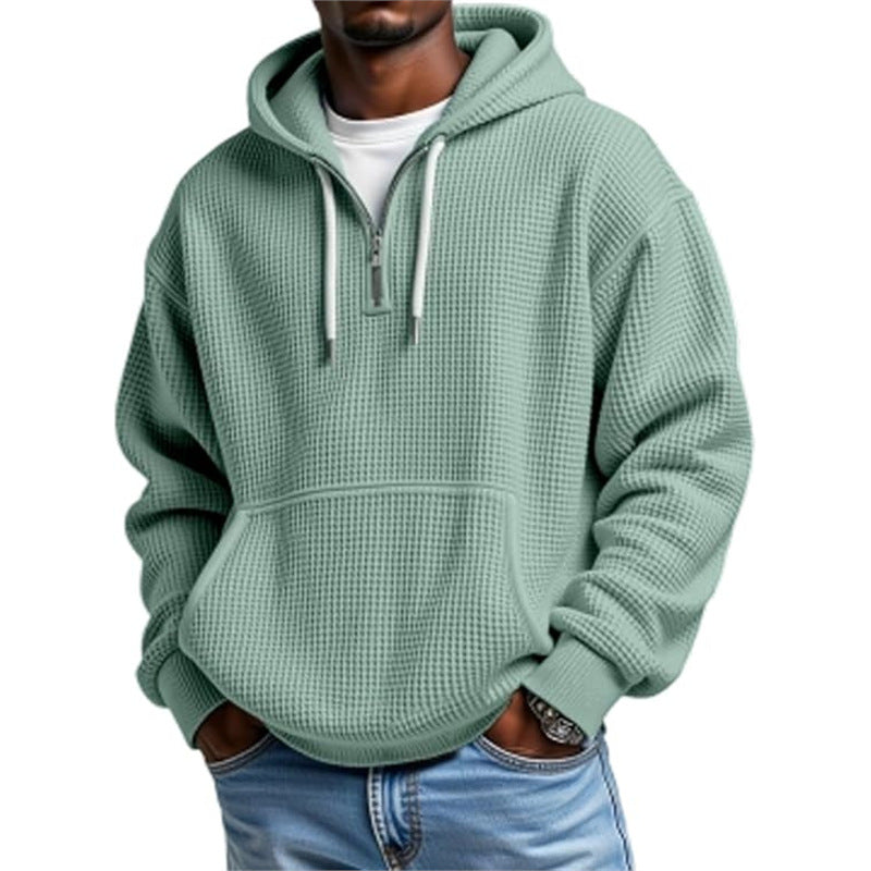 Men's Waffle Knit Hoodie – Double Hood 3D Print Relaxed Cardigan
