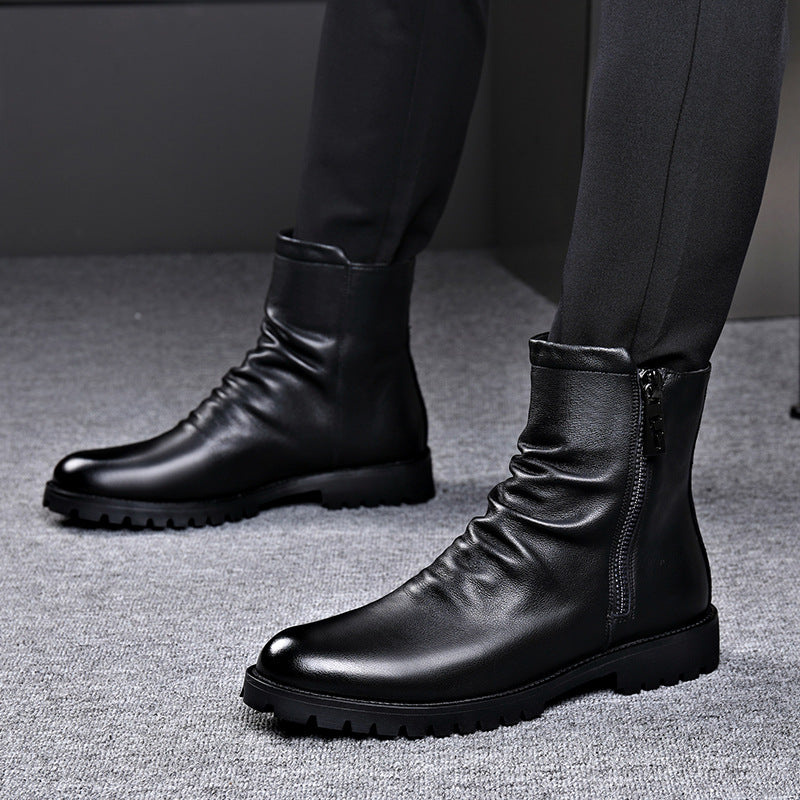 Men's Leather Boot – Side Zip Low Heel Winter Style