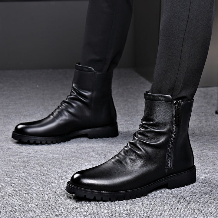 Men's Leather Boot – Side Zip Low Heel Winter Style