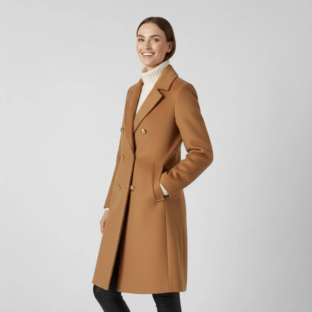 Women's Tweed Long Coat – Double Breasted Structured Fit