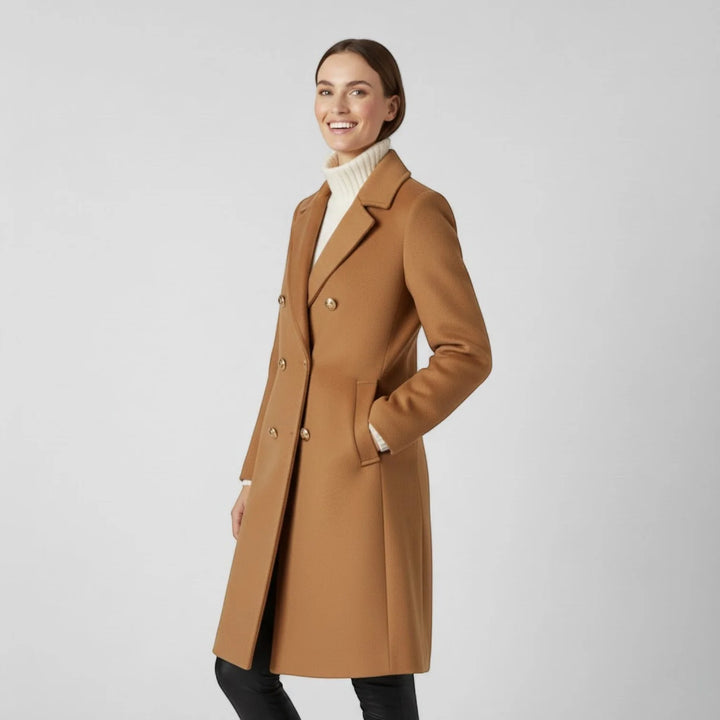 Women's Tweed Long Coat – Double Breasted Structured Fit