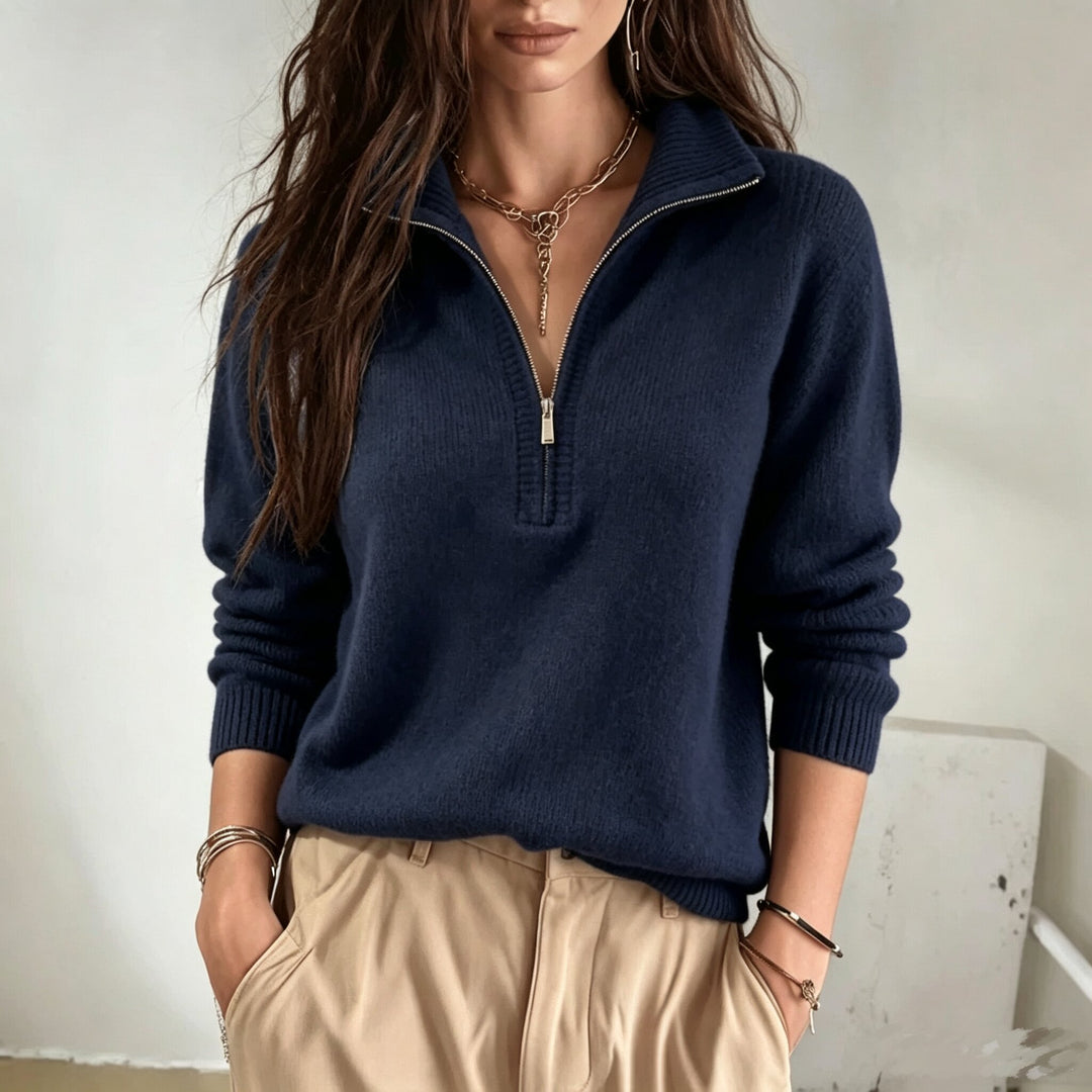 Women's High Neck Wool Blend Knit Sweater – Half-Zip Pullover