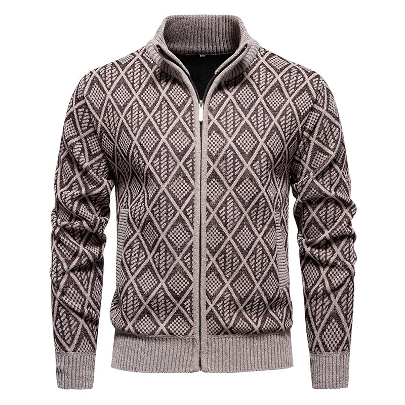Men's Thick Fleece-Lined Cardigan – Knit Stand Collar Zip Sweater