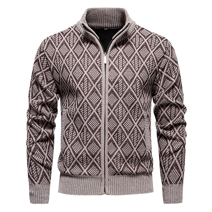 Men's Thick Fleece-Lined Cardigan – Knit Stand Collar Zip Sweater
