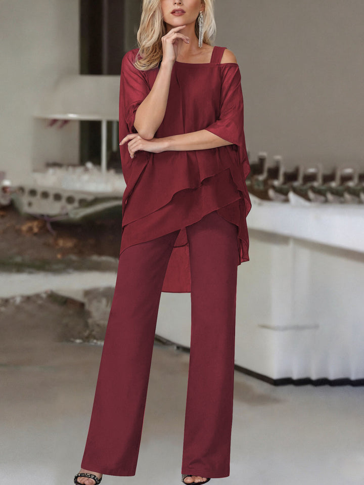 Two Piece Set in Soft Knit – Cold Shoulder Ruffle Top & Wide Leg Pants
