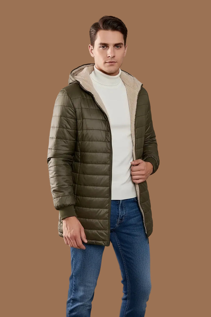 Men's Hooded Quilted Jacket – Mid-Length Fleece Lining
