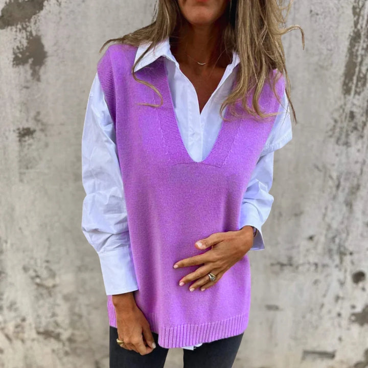 Women's V-Neck Knitted Sweater Vest – Relaxed Pullover Layer