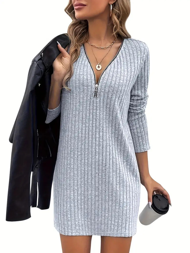Women's Ribbed Zip-Neck Midi Dress – Relaxed Fit V-Neck Pullover