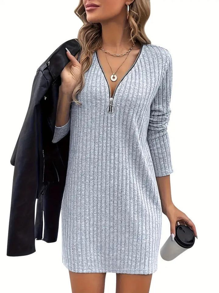 Women's Ribbed Zip-Neck Midi Dress – Relaxed Fit V-Neck Pullover